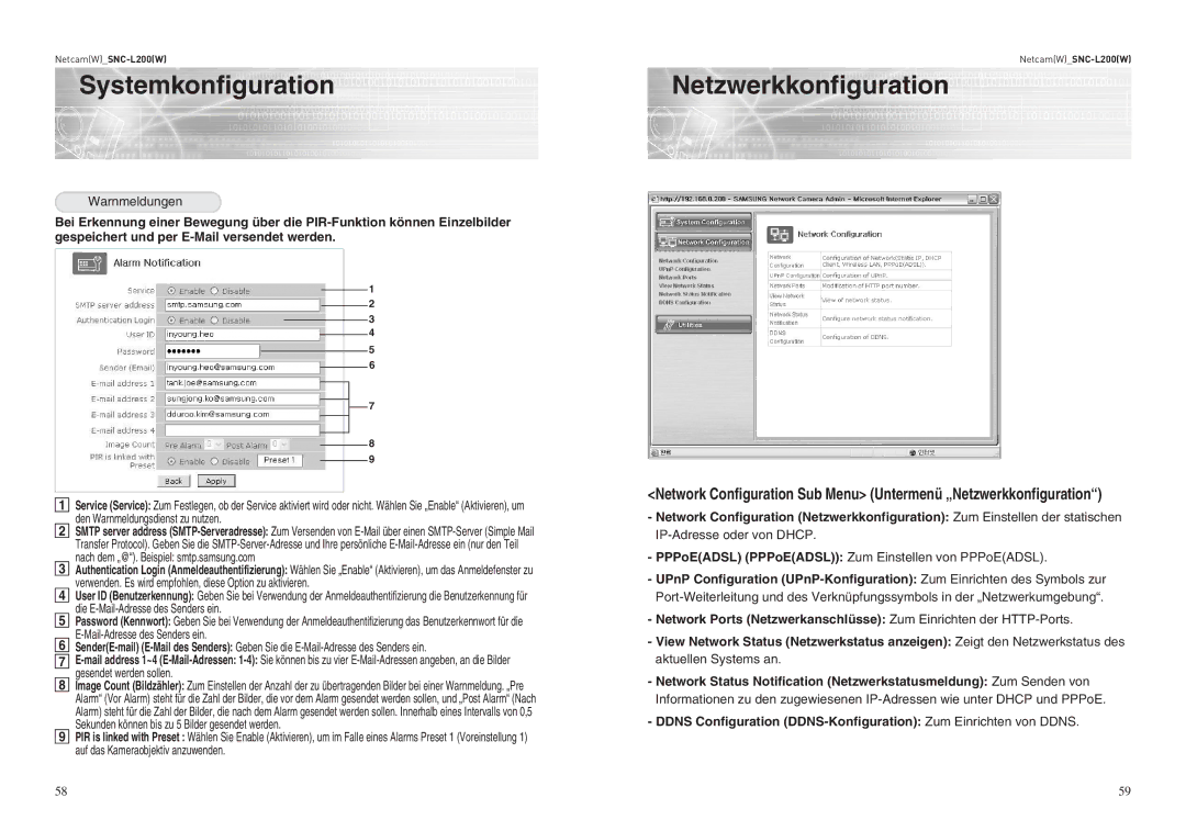 Samsung SNC-L200P manual Netzwerkkonfiguration, Warnmeldungen, PPPoEADSL PPPoEADSL Zum Einstellen von PPPoEADSL 