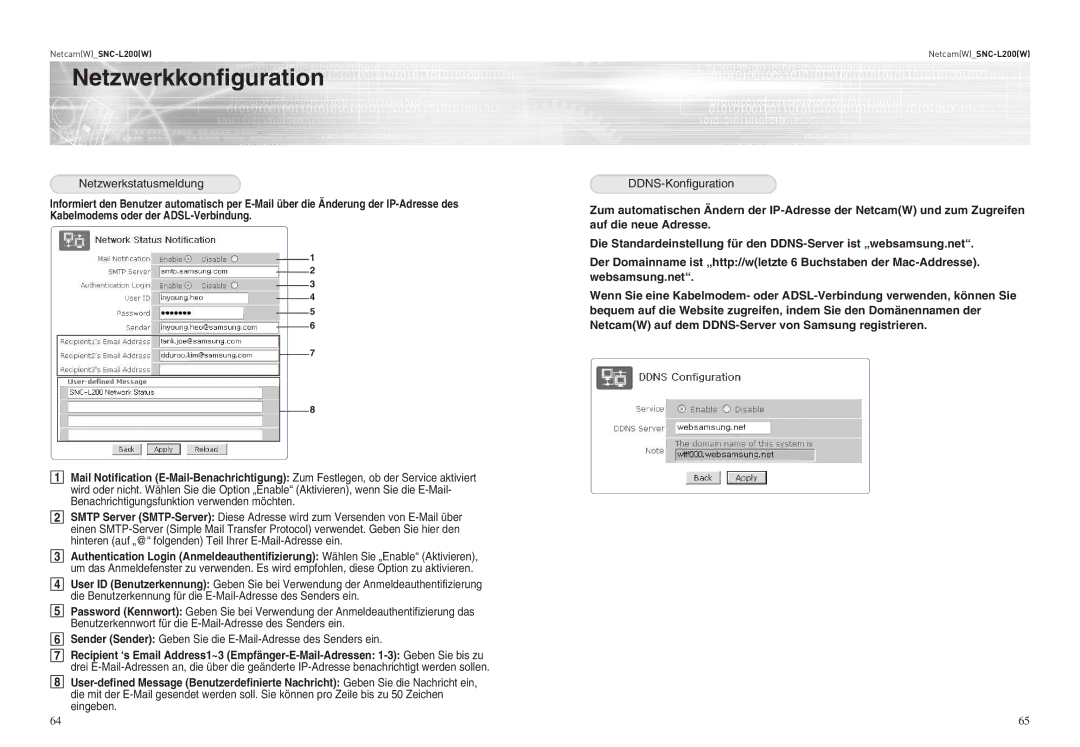 Samsung SNC-L200 Netzwerkstatusmeldung, Sender Sender Geben Sie die E-Mail-Adresse des Senders ein, DDNS-Konfiguration 