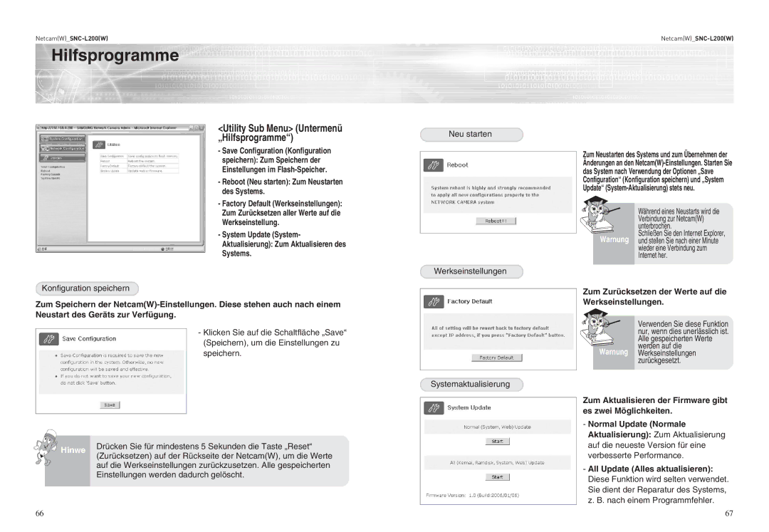 Samsung SNC-L200P manual Hilfsprogramme, Reboot Neu starten Zum Neustarten des Systems 