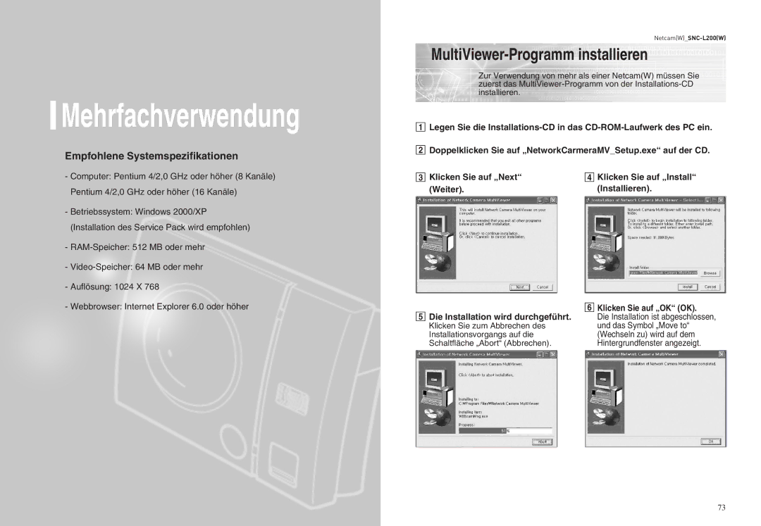 Samsung SNC-L200P manual Mehrfachverwendung, MultiViewer-Programm installieren 