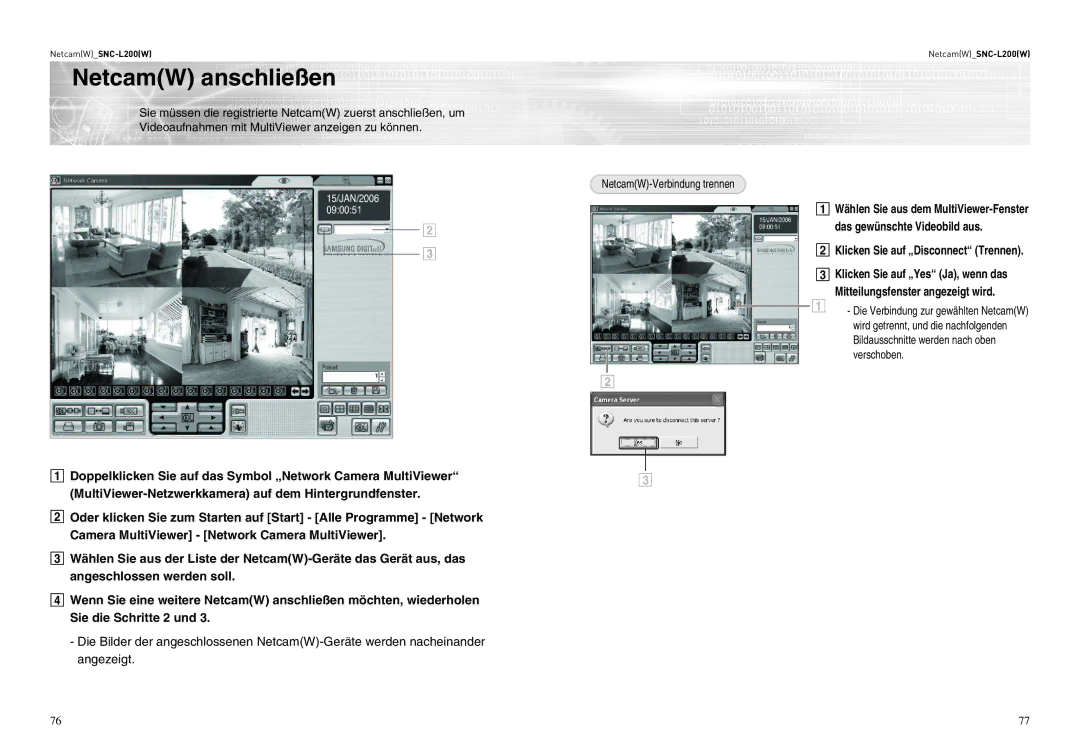 Samsung SNC-L200P manual NetcamW anschließen, Klicken Sie auf „Disconnect Trennen 