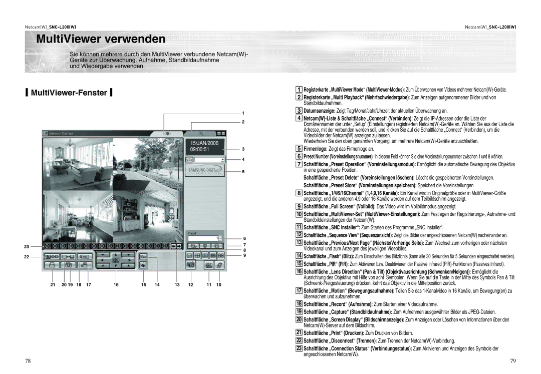 Samsung SNC-L200P MultiViewer verwenden, MultiViewer-Fenster, Und Wiedergabe verwenden, Firmenlogo Zeigt das Firmenlogo an 