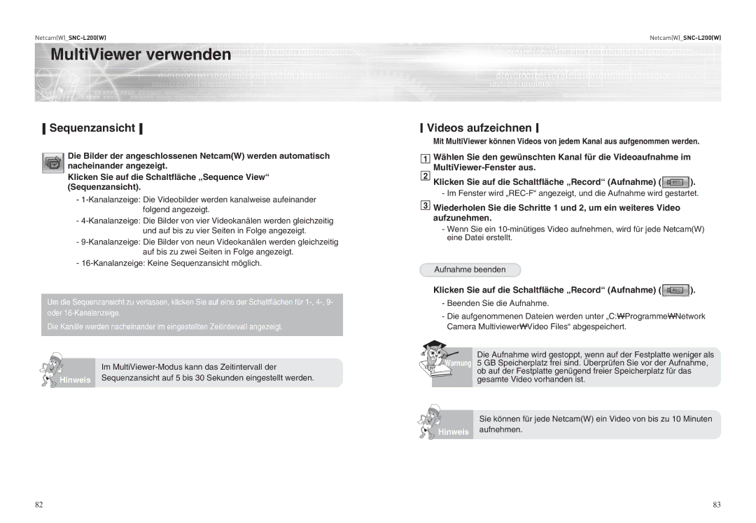 Samsung SNC-L200P manual Sequenzansicht Videos aufzeichnen, Klicken Sie auf die Schaltfläche „Record Aufnahme 