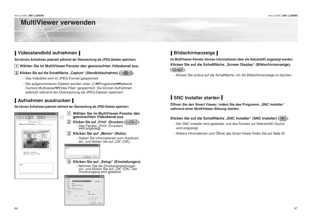 Samsung SNC-L200P manual Videostandbild aufnehmen, Bildschirmanzeige, Aufnahmen ausdrucken, SNC Installer starten 