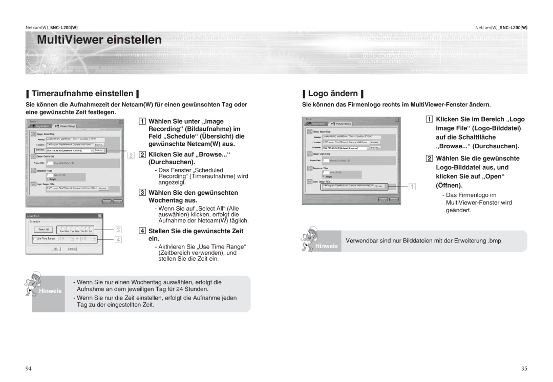 Samsung SNC-L200P manual Timeraufnahme einstellen Logo ändern 