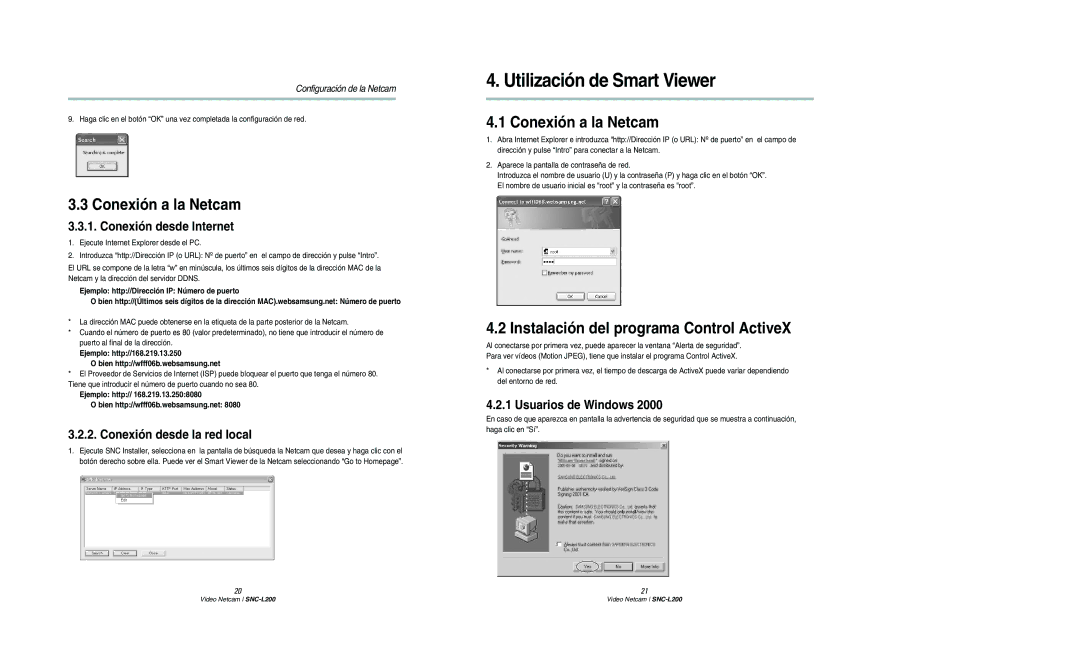 Samsung SNC-L200N manual Utilización de Smart Viewer, Conexión a la Netcam, Instalación del programa Control ActiveX 