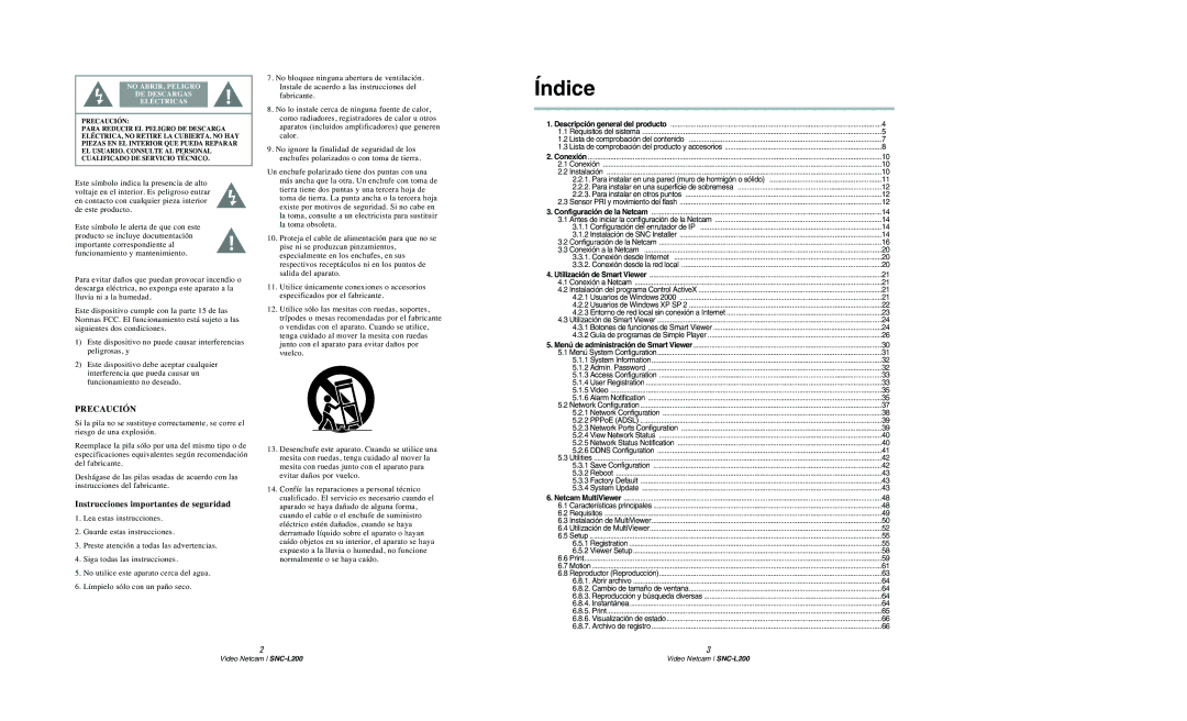 Samsung SNC-L200N manual Índice, No ABRIR, Peligro DE Descargas Eléctricas 