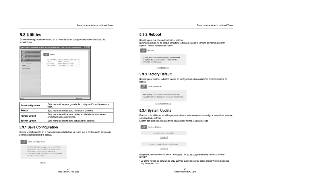 Samsung SNC-L200N manual Utilities, Save Configuration, Reboot, Factory Default, System Update 