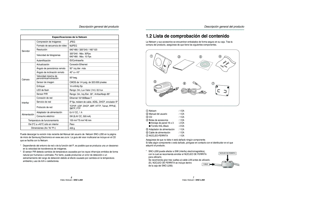 Samsung SNC-L200N manual Lista de comprobación del contenido, Especificaciones de la Netcam 