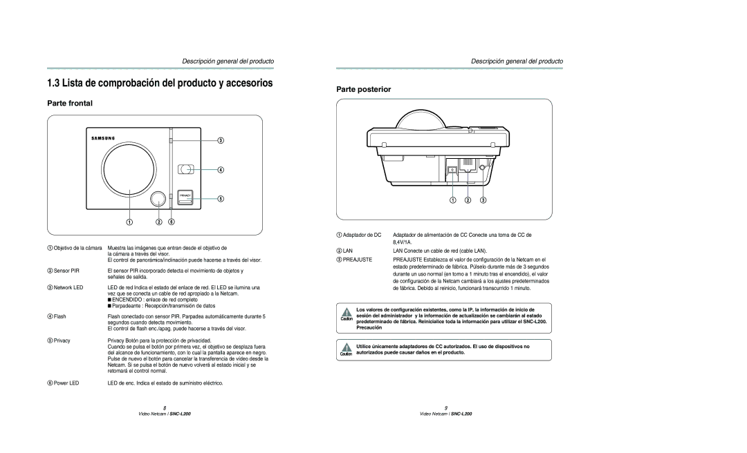 Samsung SNC-L200N manual Lista de comprobación del producto y accesorios, Parte frontal, Parte posterior 