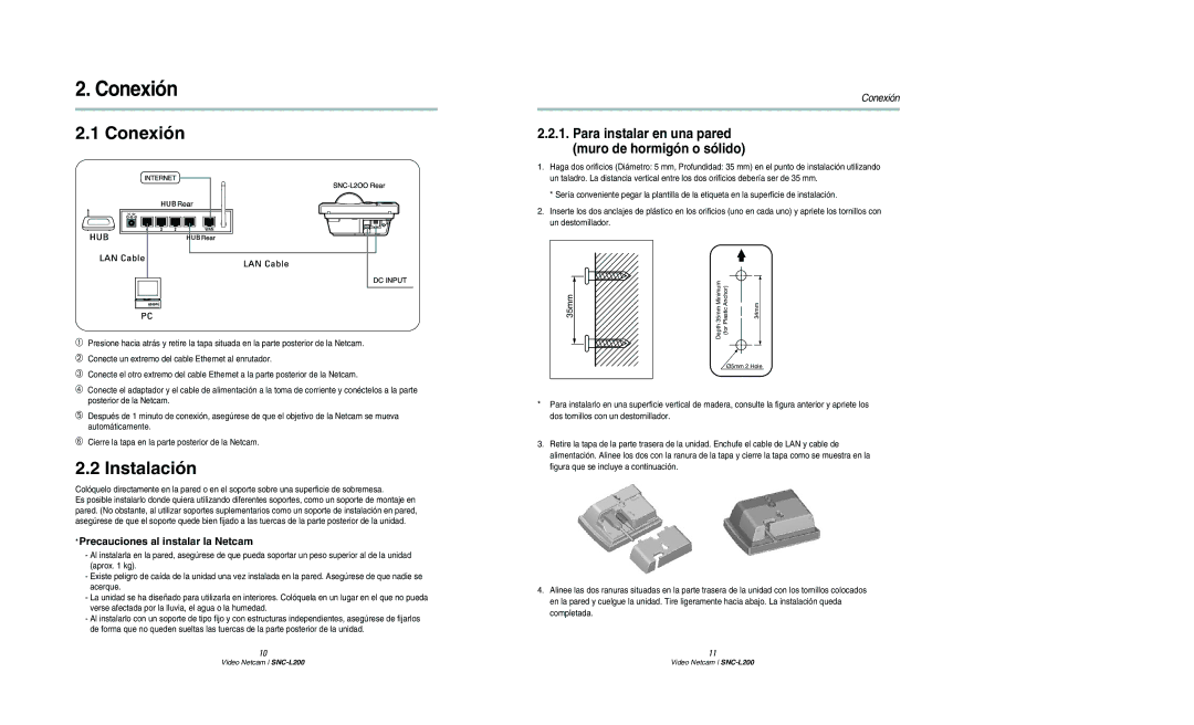 Samsung SNC-L200N manual Conexión, Instalación, Para instalar en una pared muro de hormigón o sólido 