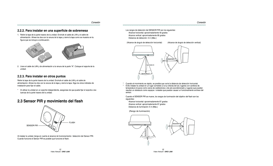 Samsung SNC-L200N manual Sensor PIR y movimiento del flash, Para instalar en una superficie de sobremesa 