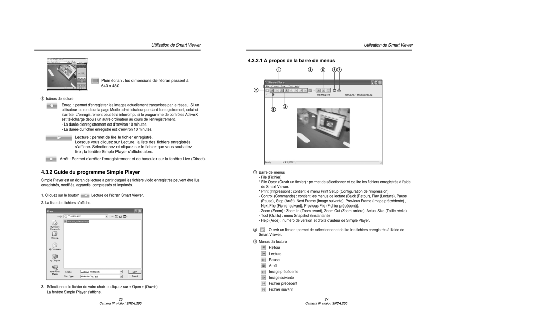 Samsung SNC-L200P manual Guide du programme Simple Player, Propos de la barre de menus 