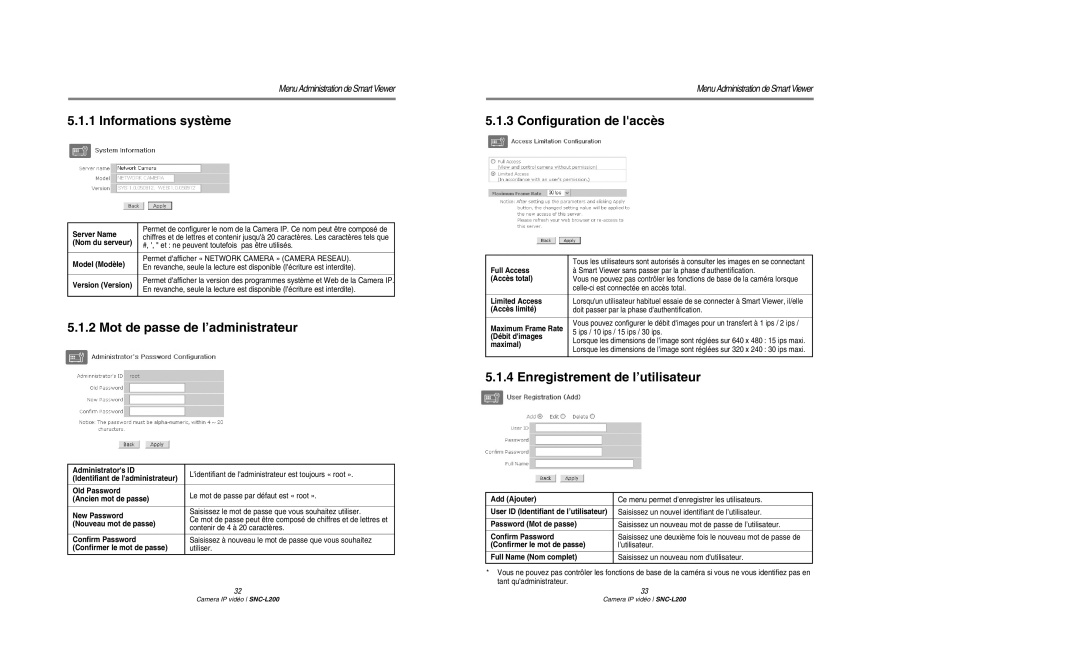 Samsung SNC-L200P manual Informations système, Mot de passe de l’administrateur, Configuration de laccès 