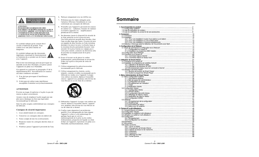 Samsung SNC-L200P manual Sommaire, Choc Electrique NE PAS Ouvrir 