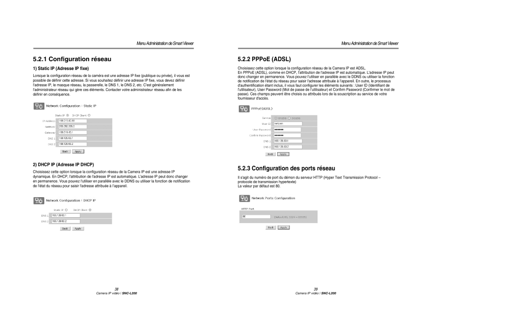 Samsung SNC-L200P manual Configuration réseau, PPPoE Adsl, Configuration des ports réseau, Static IP Adresse IP fixe 