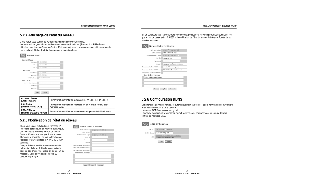 Samsung SNC-L200P manual Affichage de létat du réseau, Notification de létat du réseau, Configuration Ddns 