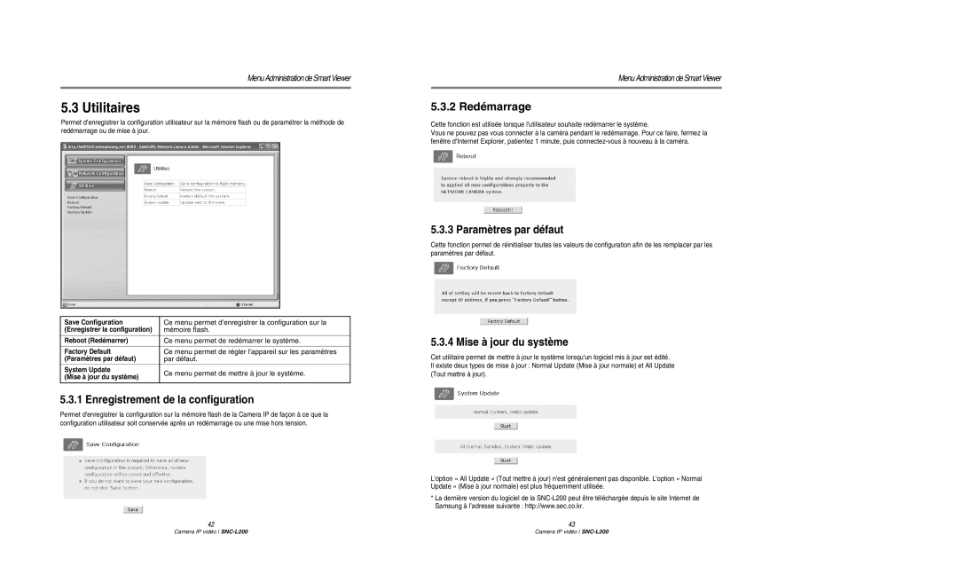 Samsung SNC-L200P manual Utilitaires, Enregistrement de la configuration, 2 Redémarrage, Paramètres par défaut 