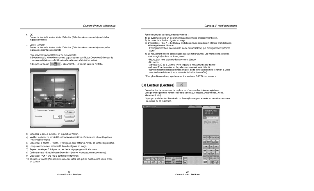 Samsung SNC-L200P manual Lecteur Lecture 