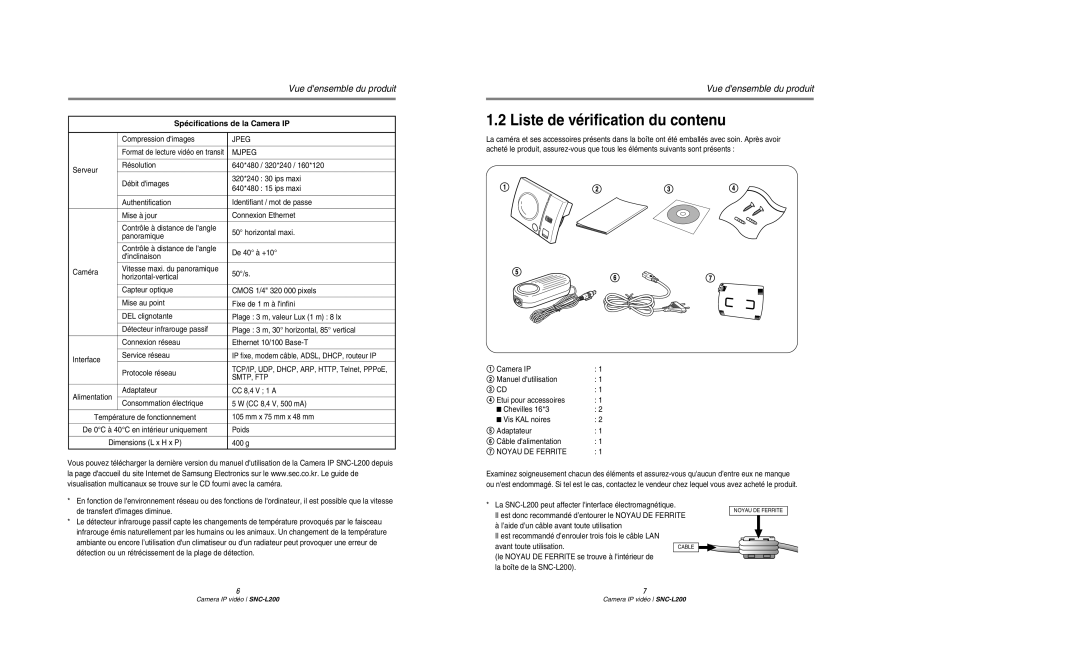 Samsung SNC-L200P manual Liste de vérification du contenu, Camera IP @ Manuel dutilisation 