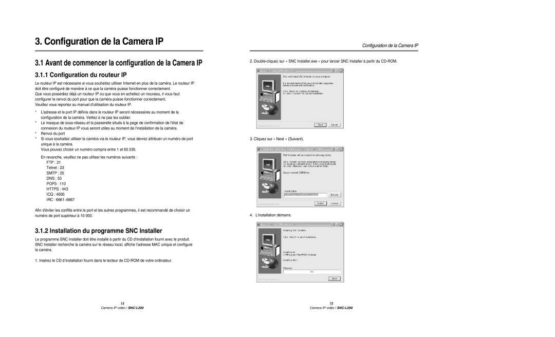 Samsung SNC-L200P Configuration de la Camera IP, Configuration du routeur IP, Installation du programme SNC Installer 