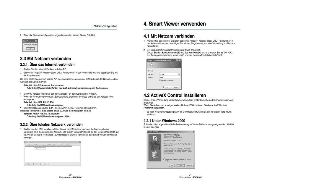 Samsung SNC-L200P manual Smart Viewer verwenden, Mit Netcam verbinden, ActiveX Control installieren 