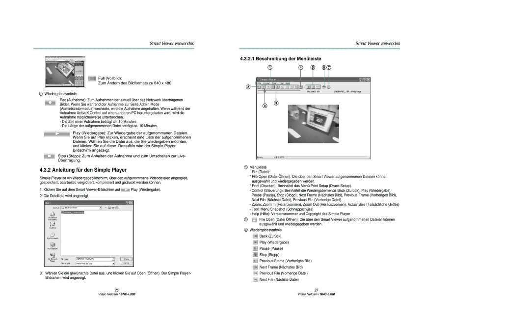 Samsung SNC-L200P manual Anleitung für den Simple Player, Beschreibung der Menüleiste 