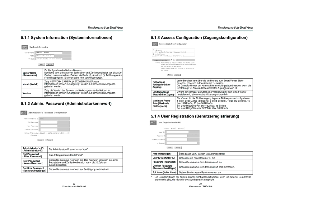 Samsung SNC-L200P manual System Information Systeminformationen, Access Configuration Zugangskonfiguration 