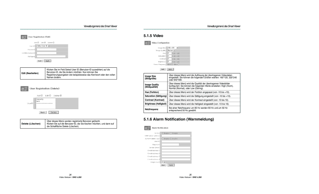 Samsung SNC-L200P manual Video, Alarm Notification Warnmeldung 