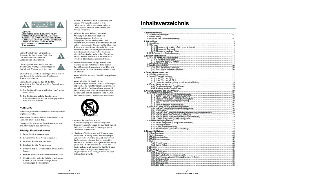 Samsung SNC-L200P manual Inhaltsverzeichnis, Achtung Gefahr Eines Stromschlags Nicht Öffnen 