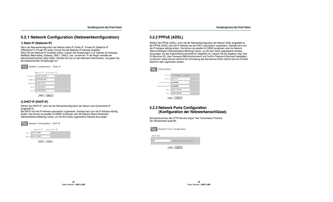 Samsung SNC-L200P manual Network Configuration Netzwerkkonfiguration, PPPoE Adsl, Static IP Statische IP 