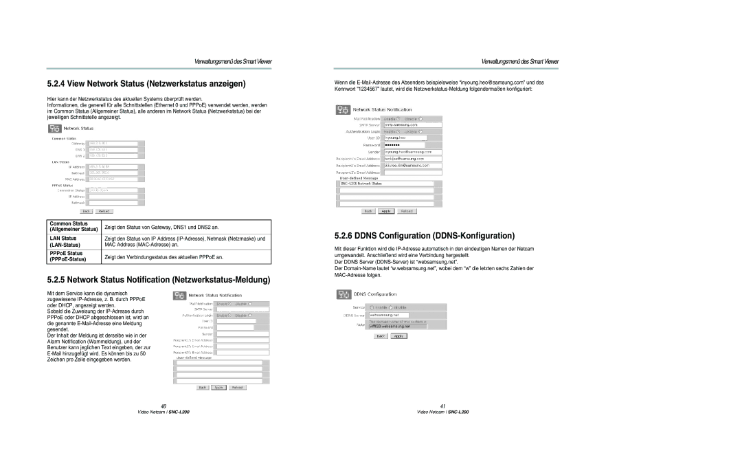 Samsung SNC-L200P manual View Network Status Netzwerkstatus anzeigen, Network Status Notification Netzwerkstatus-Meldung 