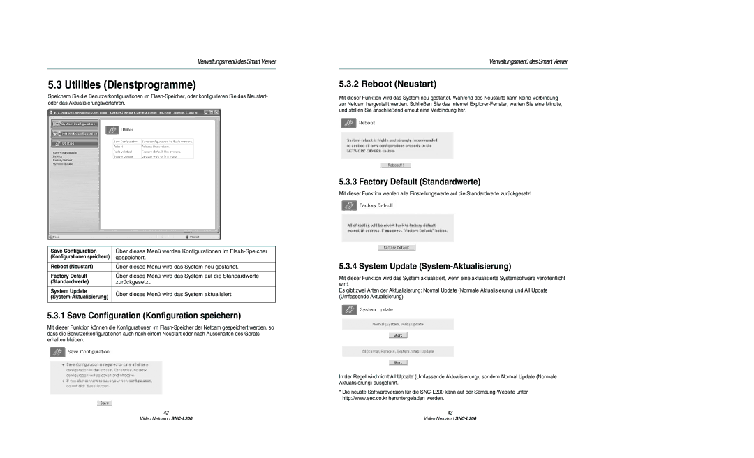 Samsung SNC-L200P manual Utilities Dienstprogramme, Save Configuration Konfiguration speichern, Reboot Neustart 