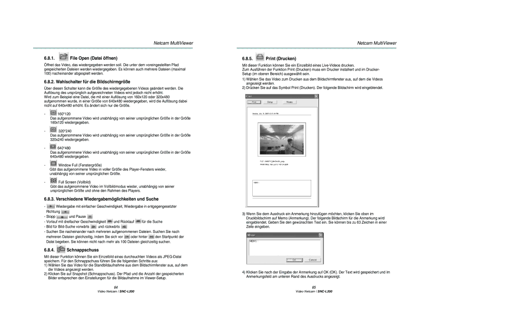 Samsung SNC-L200P manual File Open Datei öffnen, Wahlschalter für die Bildschirmgröße, Print Drucken 