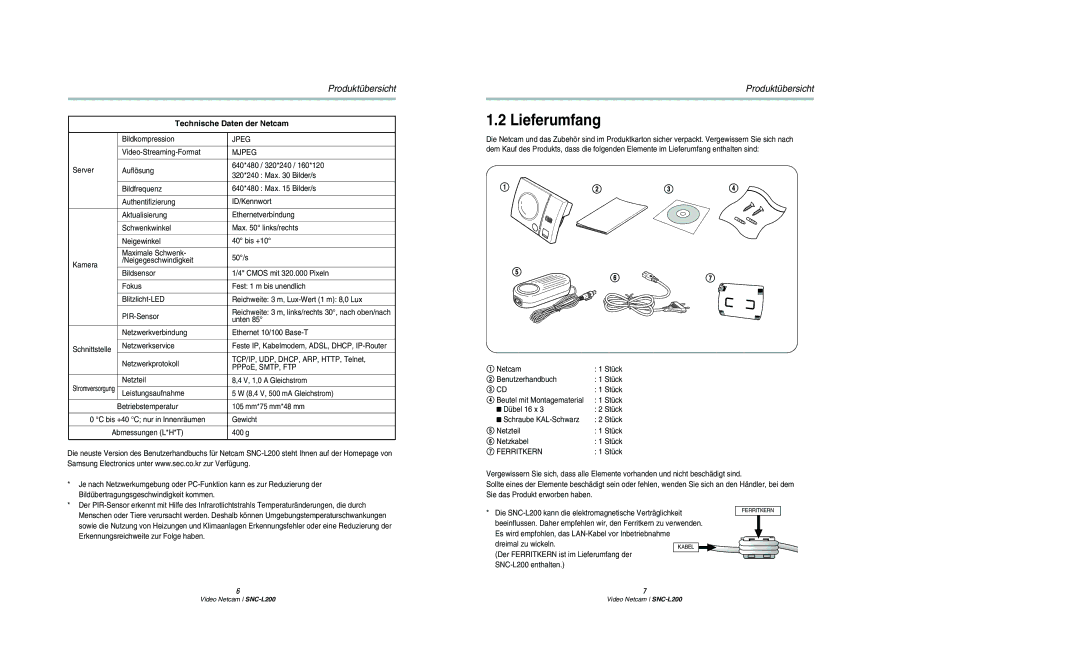 Samsung SNC-L200P manual Lieferumfang, Technische Daten der Netcam 