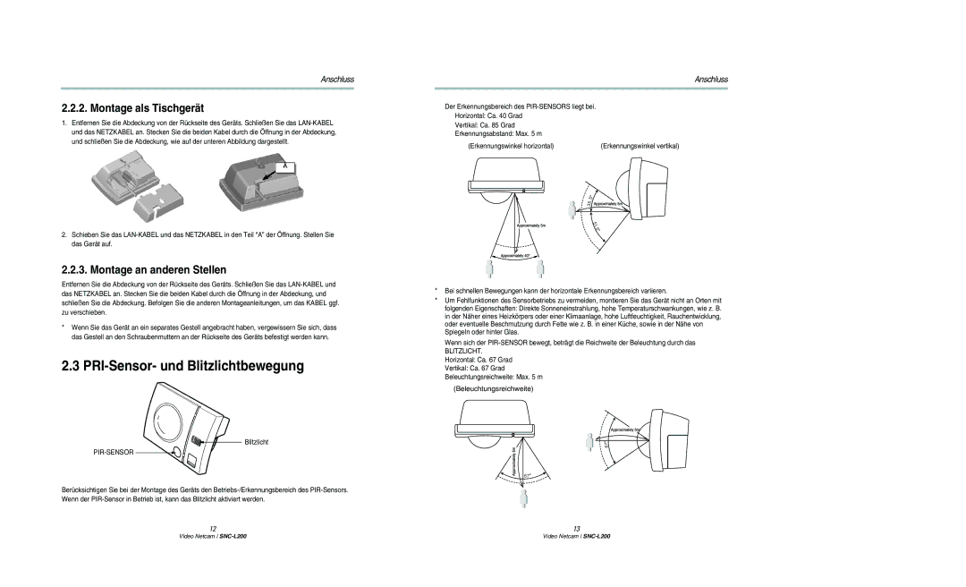 Samsung SNC-L200P manual PRI-Sensor- und Blitzlichtbewegung, Montage als Tischgerät, Montage an anderen Stellen 