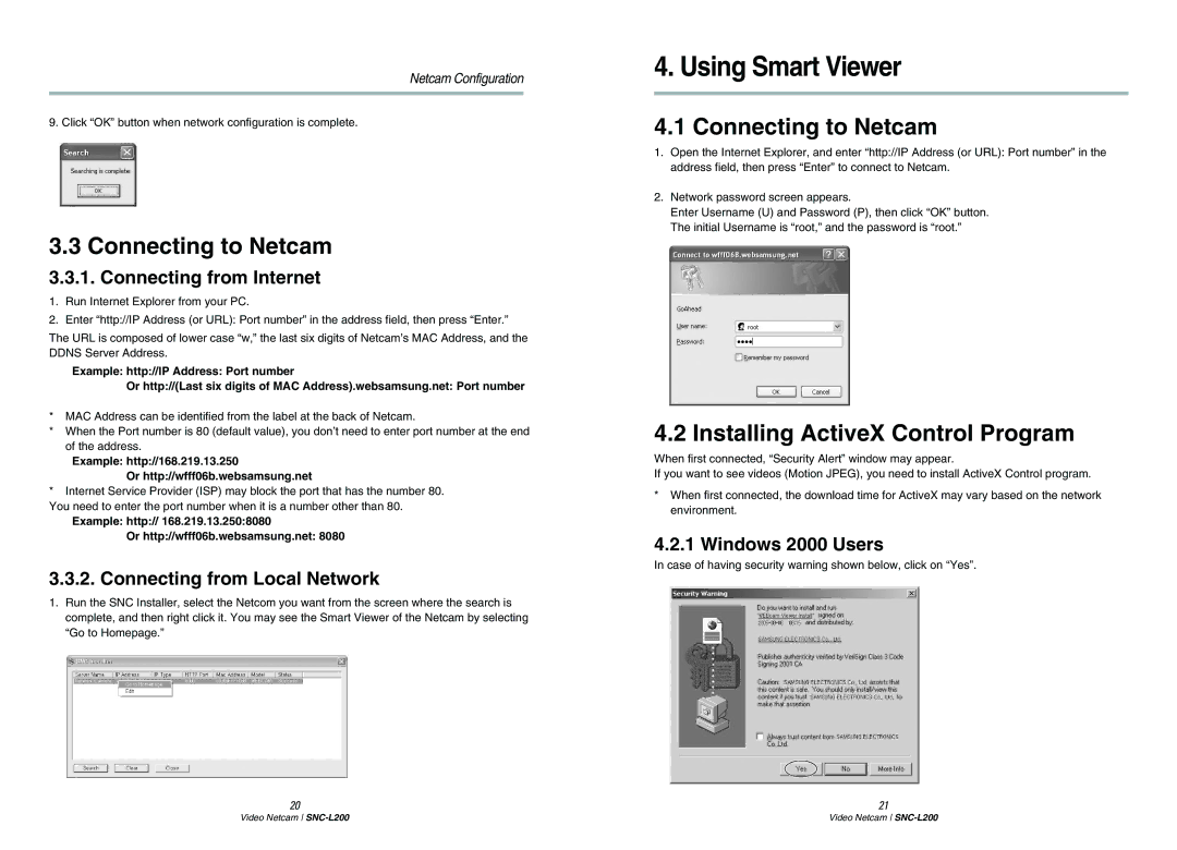 Samsung SNC-L200P manual Using Smart Viewer, Connecting to Netcam, Installing ActiveX Control Program 