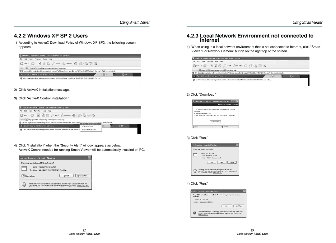 Samsung SNC-L200P manual Windows XP SP 2 Users, Local Network Environment not connected to Internet 