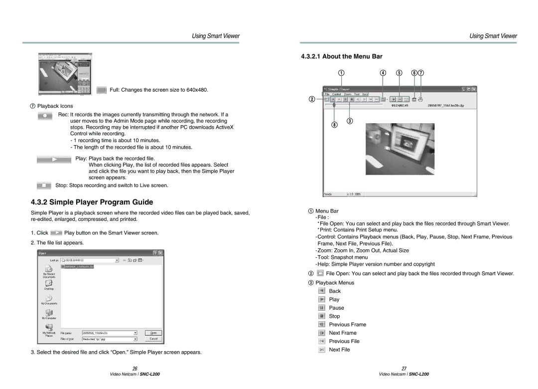 Samsung SNC-L200P manual Simple Player Program Guide, About the Menu Bar 