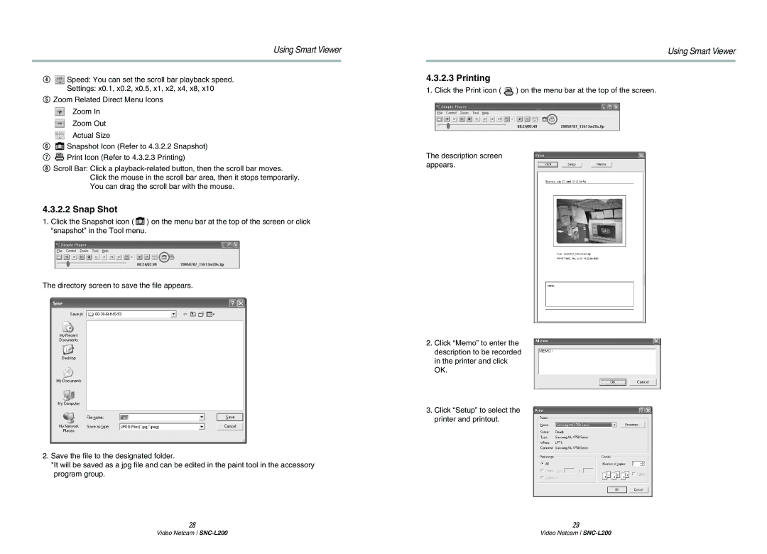 Samsung SNC-L200P manual Snap Shot, Printing 