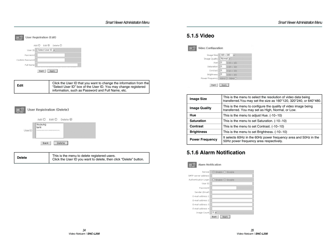 Samsung SNC-L200P manual Video, Alarm Notification 