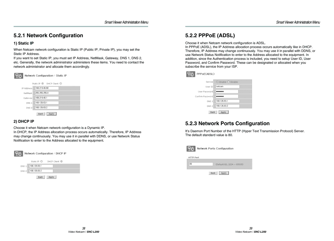 Samsung SNC-L200P manual Network Configuration, PPPoE Adsl, Network Ports Configuration, Static IP 