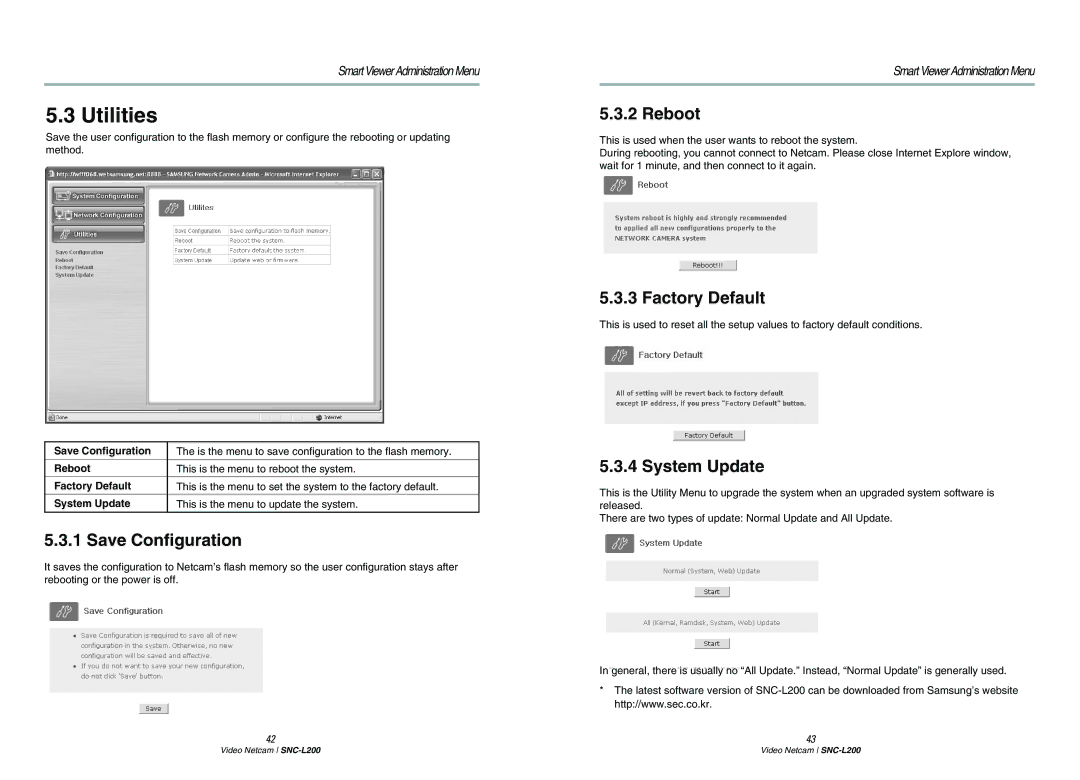 Samsung SNC-L200P manual Utilities, Save Configuration, Reboot, Factory Default, System Update 