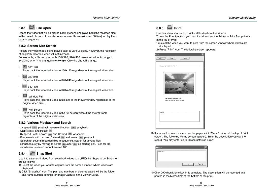 Samsung SNC-L200P manual File Open, Screen Size Switch, Various Playback and Search, Print 