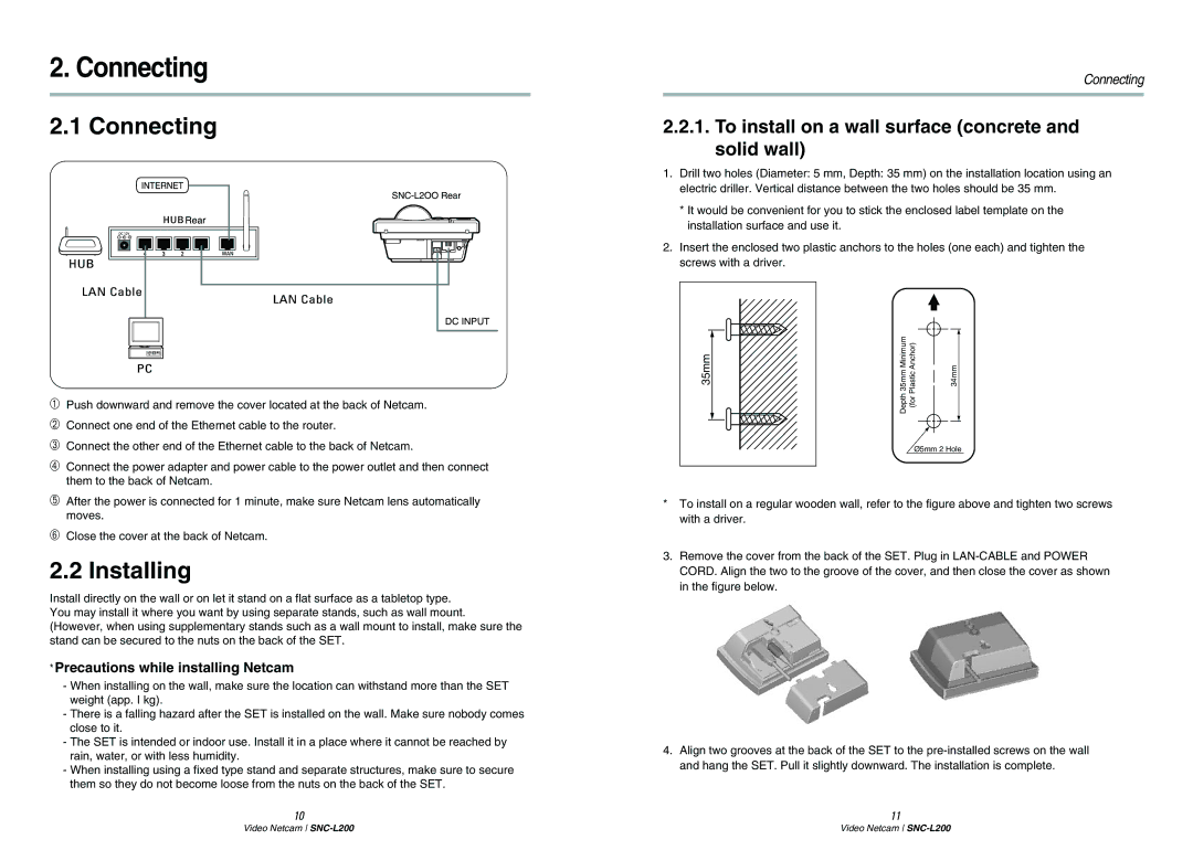 Samsung SNC-L200P manual Connecting, Installing, To install on a wall surface concrete and solid wall 