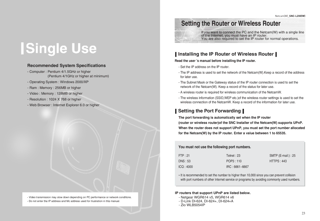 Samsung SNC-L200(W) user manual Setting the Router or Wireless Router, Installing the IP Router of Wireless Router 