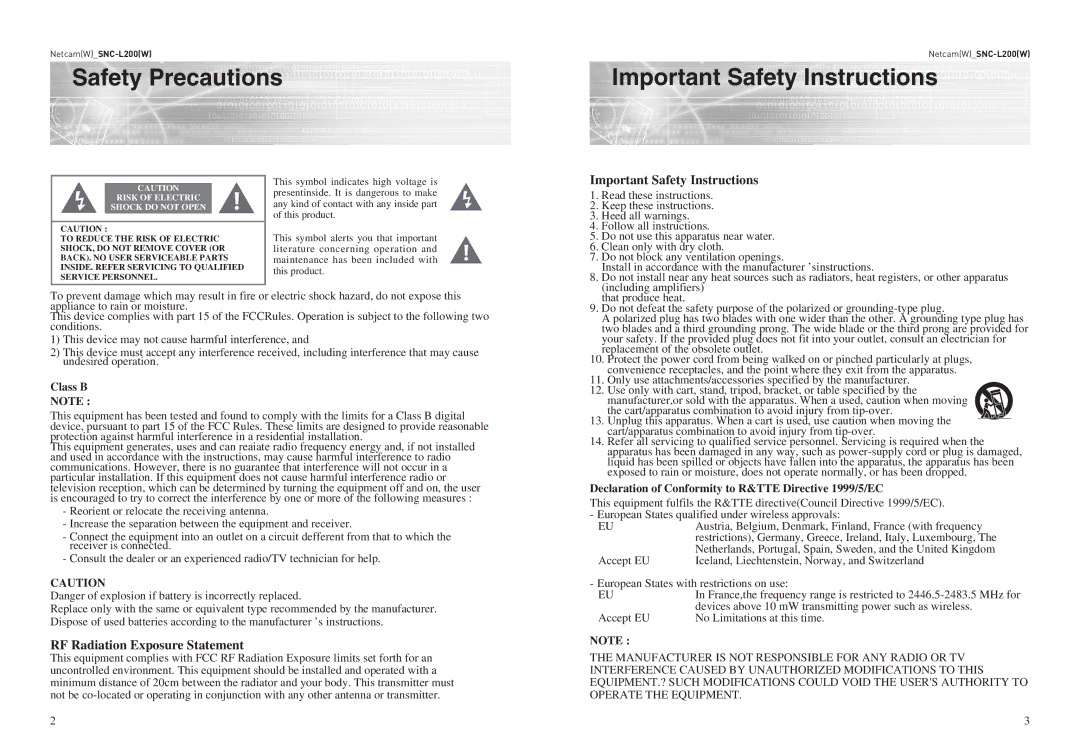 Samsung SNC-L200(W) user manual Safety Precautions, Important Safety Instructions 