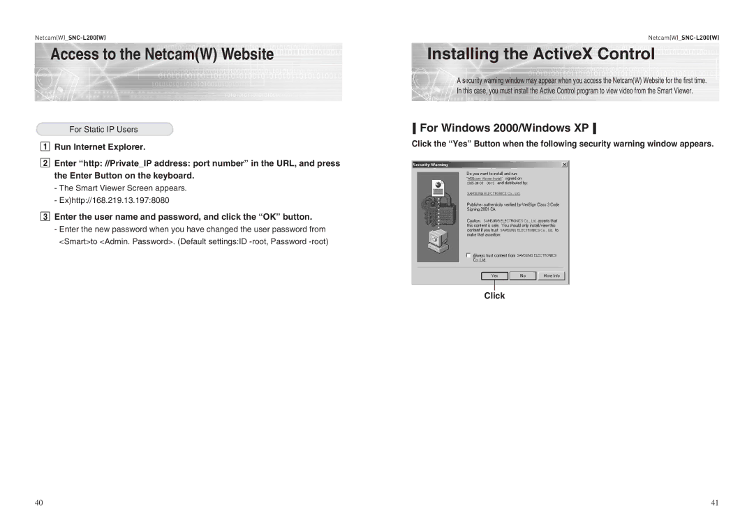 Samsung SNC-L200(W) user manual Installing the ActiveX Control, For Windows 2000/Windows XP 