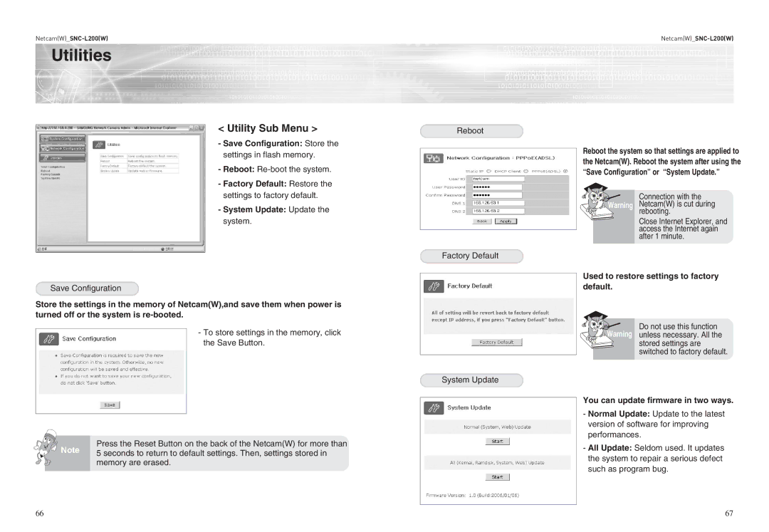 Samsung SNC-L200(W) user manual Utilities, Save Configuration Store, Factory Default Restore, System Update Update 