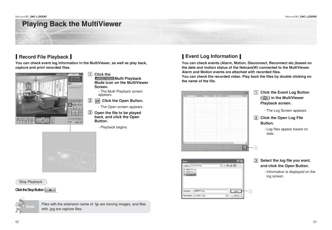 Samsung SNC-L200(W) user manual Record File Playback, Event Log Information 